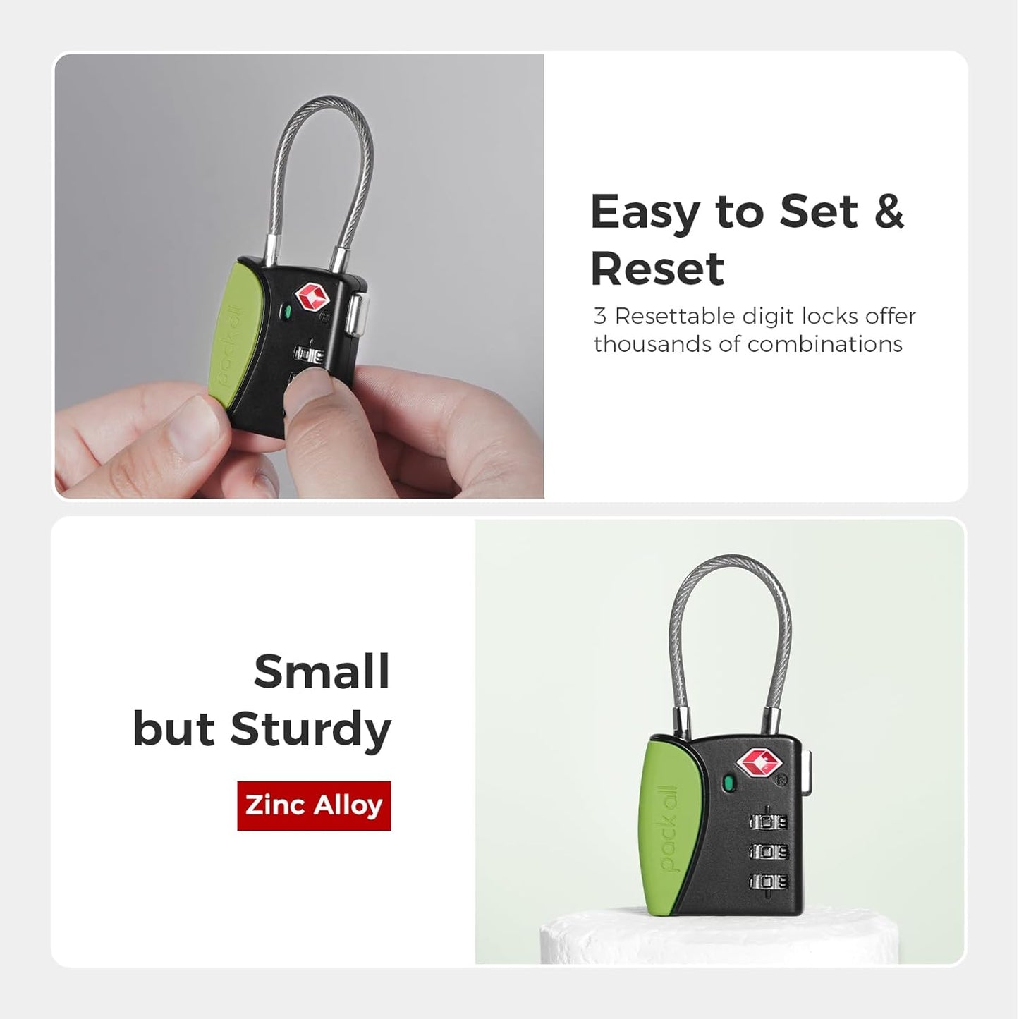 pack all TSA Approved Cable Luggage Locks, 3 Digit Combination Padlocks, Travel Lock for Suitcases