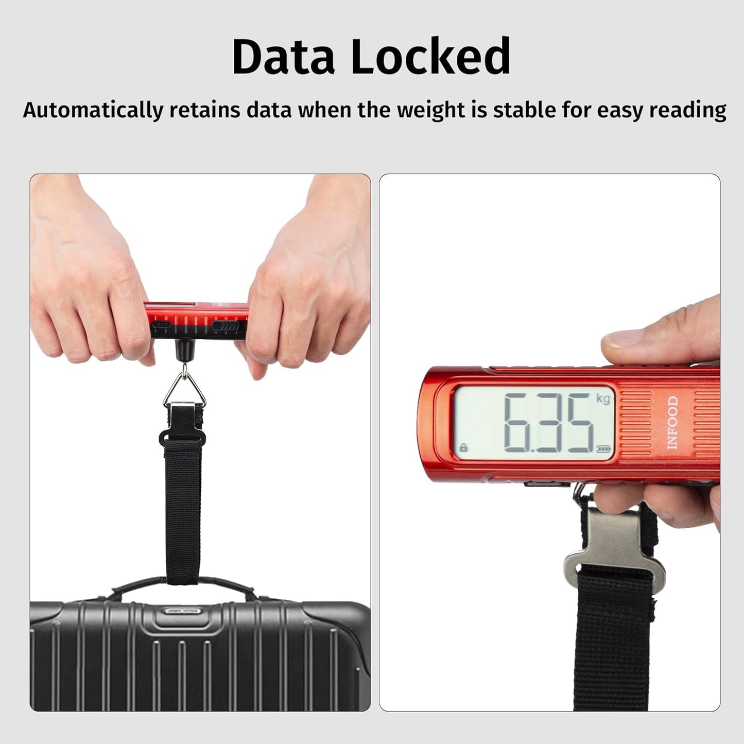 Battery-Free Digital Luggage Scale, Suitcase Scale for Travel, Portable Luggage Weight Scale with Hook & LCD Display for Luggages, Packages & Bags, 110lb/50kg Handheld Scale, Red