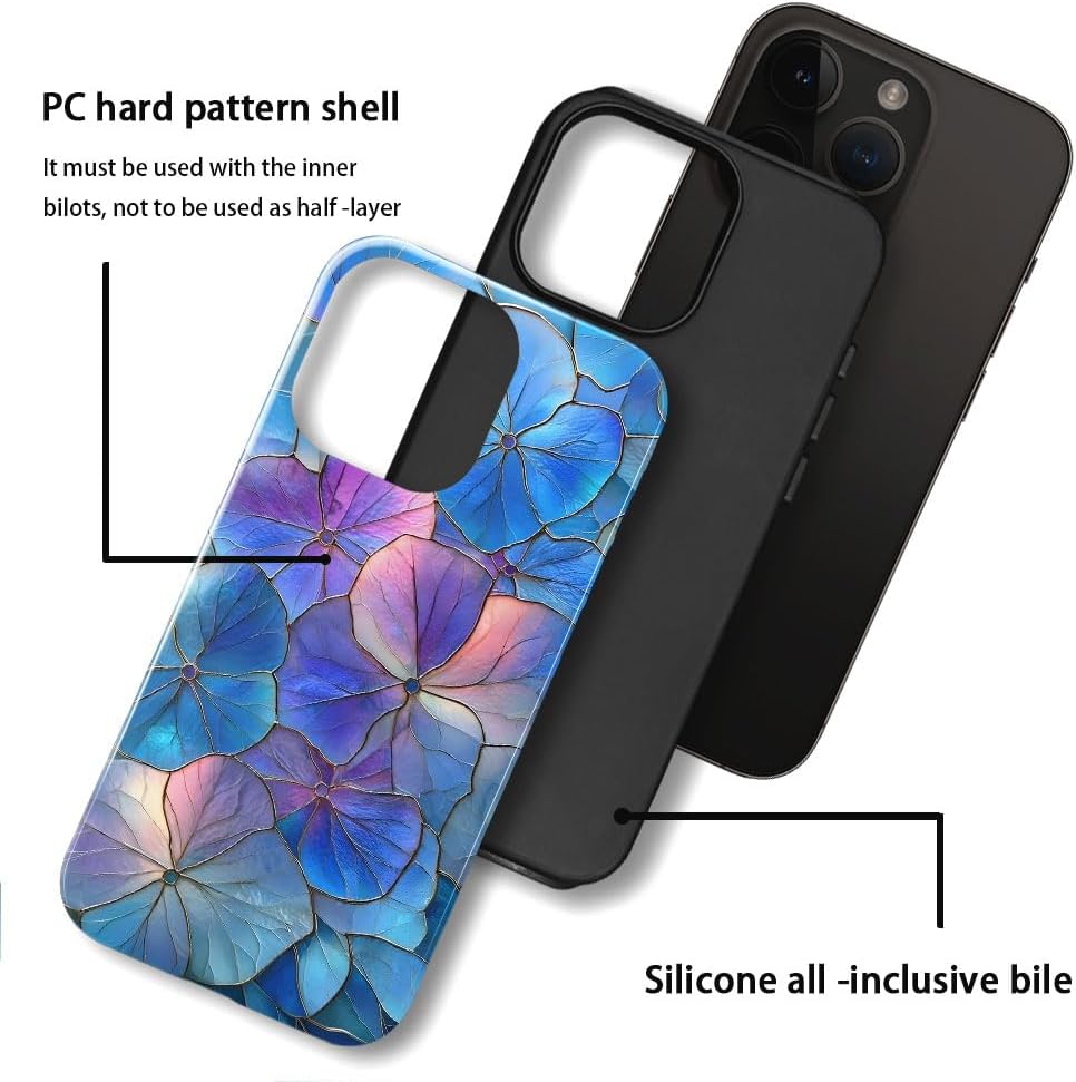 Case for iPhone 14 Pro Max - Slim Fit Anti-Scratch Phone Case for Girl Women - Blue Hydrangea Floral Stained Glass Aesthetic (Glossy)