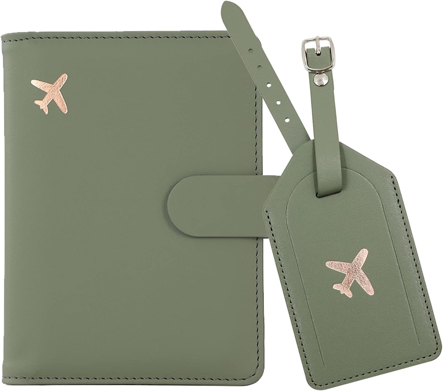 Real Leather Wallet RFID Passport Holder with Suitcase Tag Set Card Slots (Green)