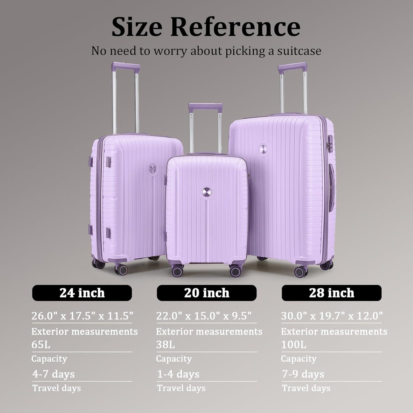 Joyway Suitcase Set 3 Piece Luggage Sets with TSA Lock, PP Hardside Carry on Luggage Set, Travel Lightweight Suitcases with Wheels, Light Purple