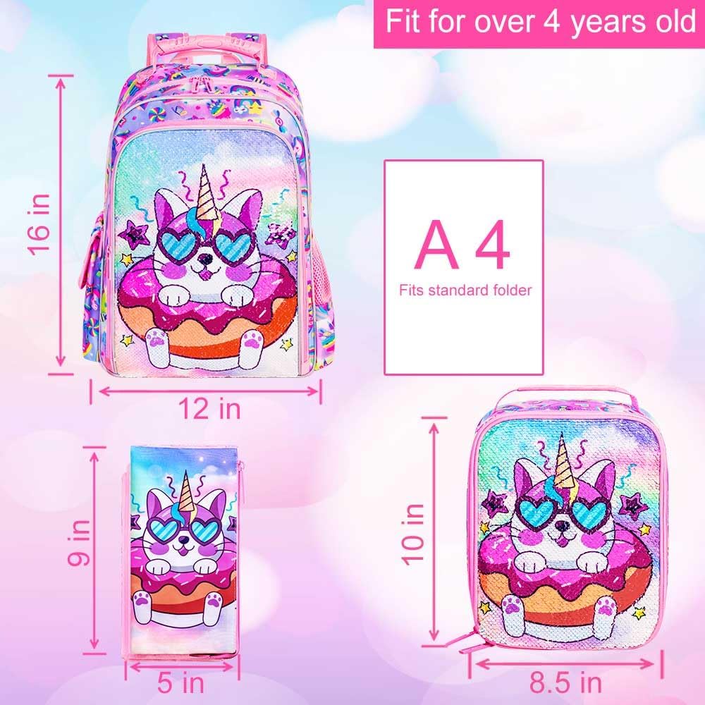 3PCS Girls Backpack, 16" Sequin Prechool Elementary Bookbag and Lunch Box