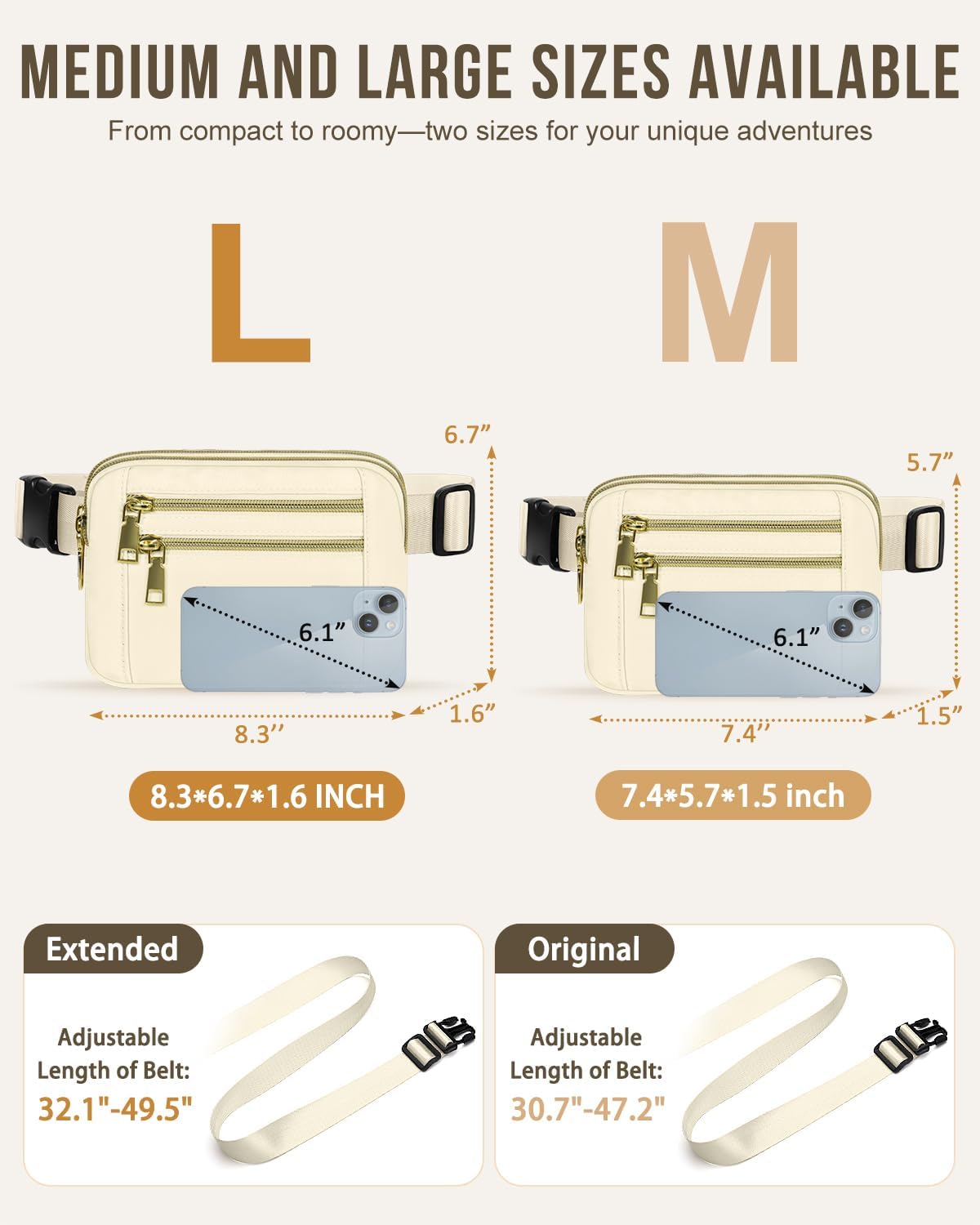 Capolo Fanny Packs for Women Fashion Waist Packs Bag with Adjustable Strap and 4 Zipper Pockets Waterproof Everywhere Crossbody Belt Bag for Workout Running Travelling(Ivory, Large)