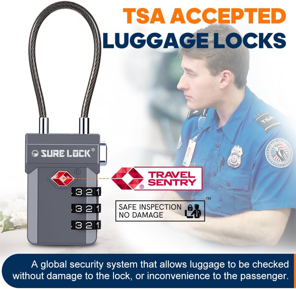 SURE LOCK TSA Approved 3-Digit Combination Luggage Locks – Open Alert Indicator, Re-settable Code with Zinc Alloy Body, Easy-Read Dials for Suitcase, Backpack, Gym Locker & Toolbox (Multiple Colors)