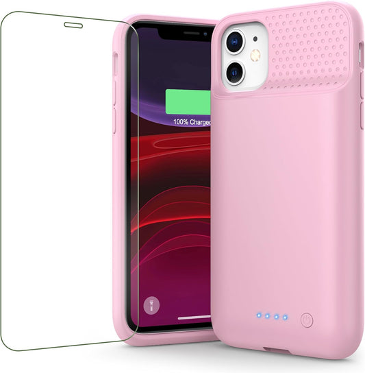 Battery Case for iPhone 11/XR (6.1inch),Upgraded 7500mAh Slim Portable Charger Case Cover,External Battery Pack Charging Case with Tempered-Glass Screen Protector for iPhone 11/iPhone XR (Pink)