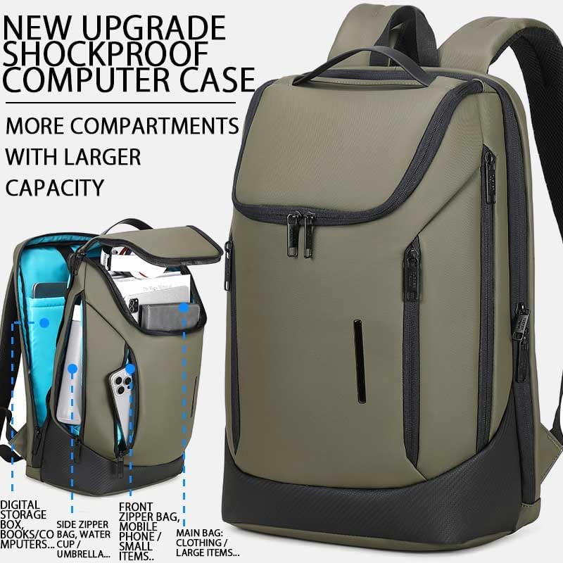 Shockproof Waterproof Laptop Backpack, 17-Inch Anti-Scratch Travel Backpack with Large Storage(Black/Gray/Green) (Olive green)