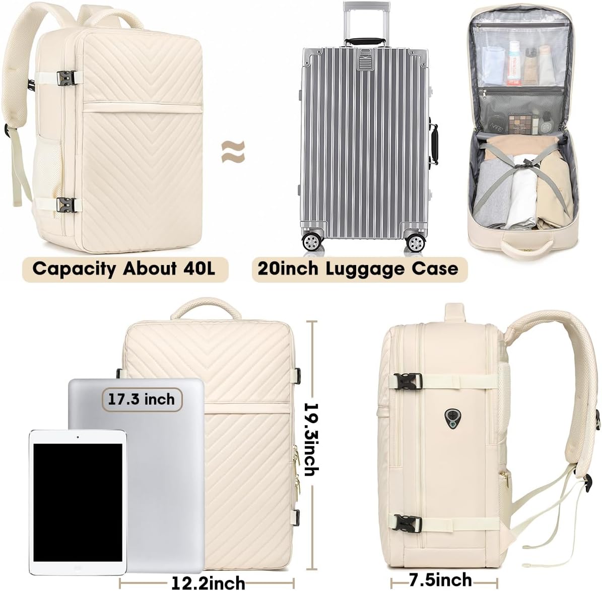 Large Carry On Travel Backpack - Flight Approved Waterproof Luggage Suitcase Backpacks Personal Item Size for Women Men Fit 17 Inch Laptop College Overnight Bag Anti-Theft Weekender Daypack Beige