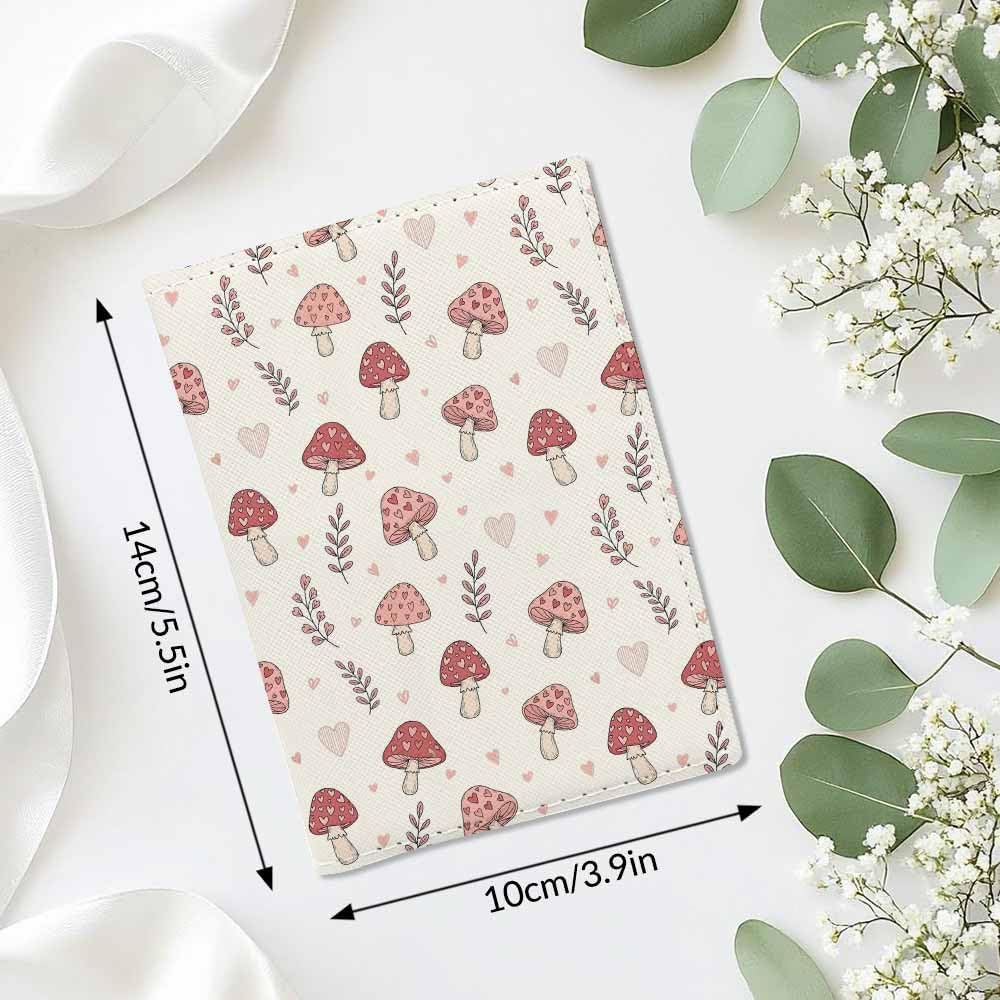 Pink Mushroom Passport Holder for Travel Love Heart Boho Floral Valentine's Day PU Leather Passport Cover Wallet Cute Passport Card Holder for Women and Men