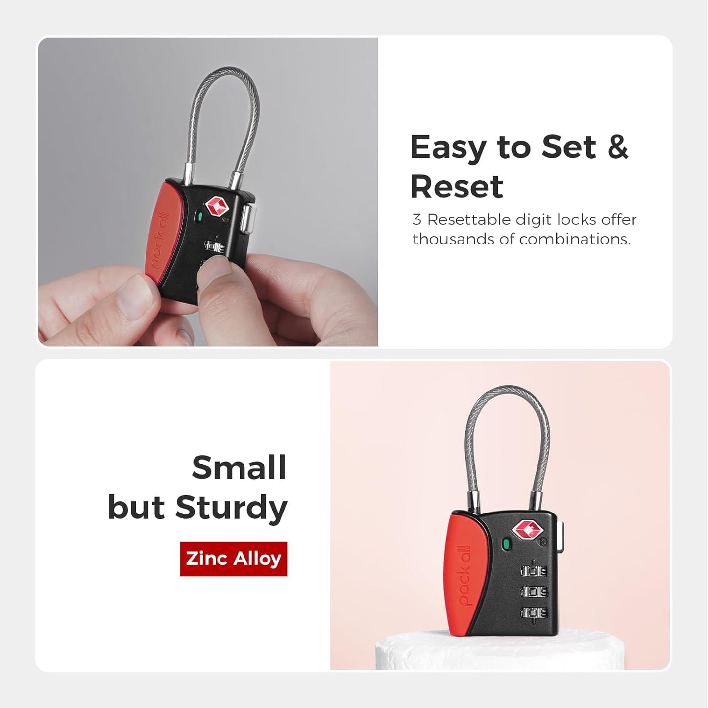 pack all TSA Approved Cable Luggage Locks, 3 Digit Combination Padlocks, Travel Lock for Suitcases