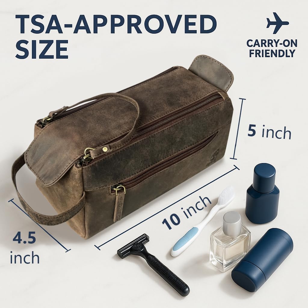 RUSTIC TOWN Buffalo Leather Toiletry Bag : Vintage Travel Shaving & Ditty Kit : for Toiletries, Cosmetics & More : Spacious Interior & Waterproof Lining : Compact, Fits Easily in Luggage