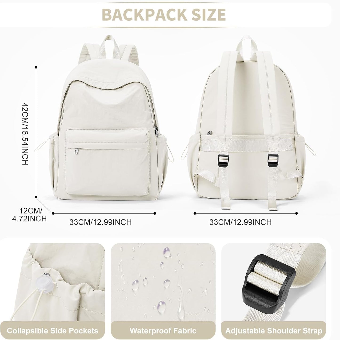 Simple School Backpack For Women Men Aesthetic Medium Backpack Lightweight Casual Daypack College Backpacks Cute Bookbag for Teens Girls Boys Basic Bagpack（Beige）