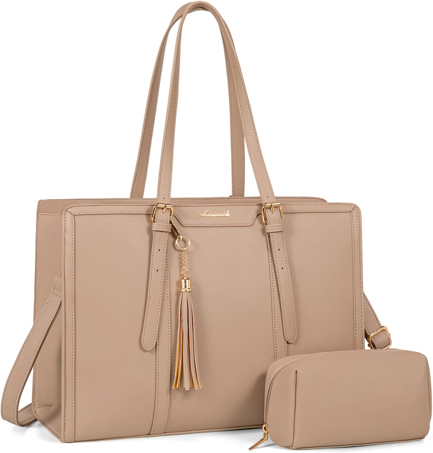 LOVEVOOK Laptop Bag for Women 15.6 inch Lightweight PU Laptop Tote Bag, Large Capacity Computer bag with Clutch Purse for Business, Work, Office, Travel,School，Casual（Light Brown，15.6 Inch）