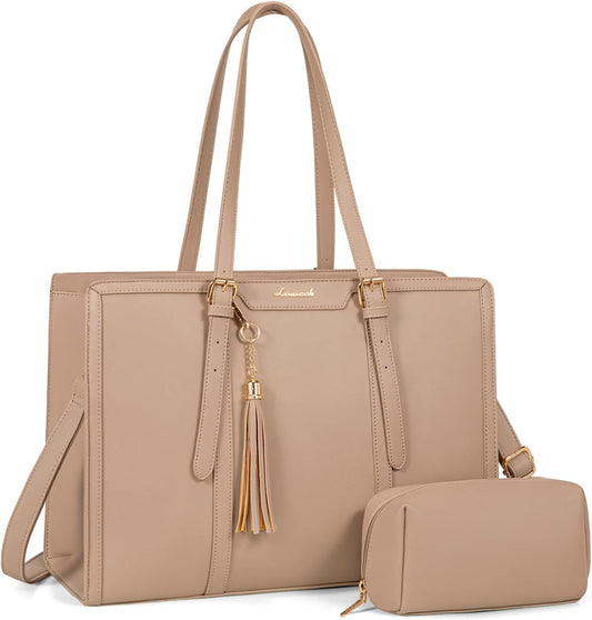 LOVEVOOK Laptop Bag for Women 15.6 inch Lightweight PU Laptop Tote Bag, Large Capacity Computer bag with Clutch Purse for Business, Work, Office, Travel,School，Casual（Light Brown，15.6 Inch）