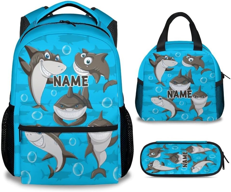 Custom Shark Backpack with Lunch Box, Set of 3 School Backpacks Matching Combo, Funny Blue Bookbag and Pencil Case Bundle