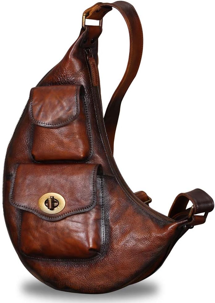 Genuine Leather Large Sling Bag for Men and Women Vintage Real Leather Sling Backpack Shoulder