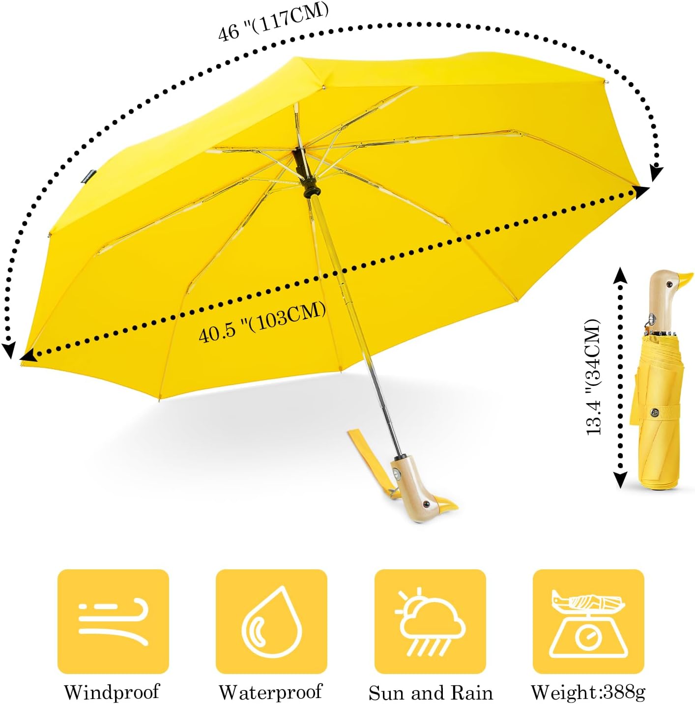 Cute Duck Umbrella Automatic - Compact Pretty Pocket Size Strong Duck Collapsible Umbrella Yellow Wooden Handle for Women