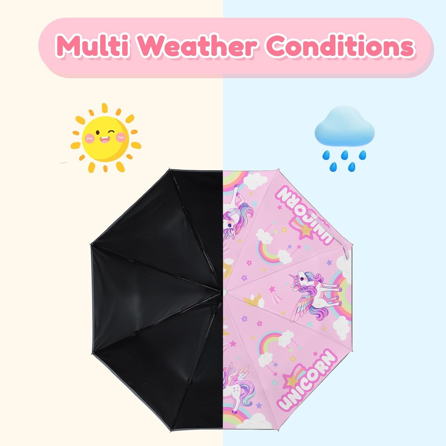 Autoamtic Kids Umbrella UV Resistant, Folding Compact Umbrella 360° Reflective Strip for Travel Outdoor, Lightweight Cute Kids Parasol Anti-rebound Safe for Toddler