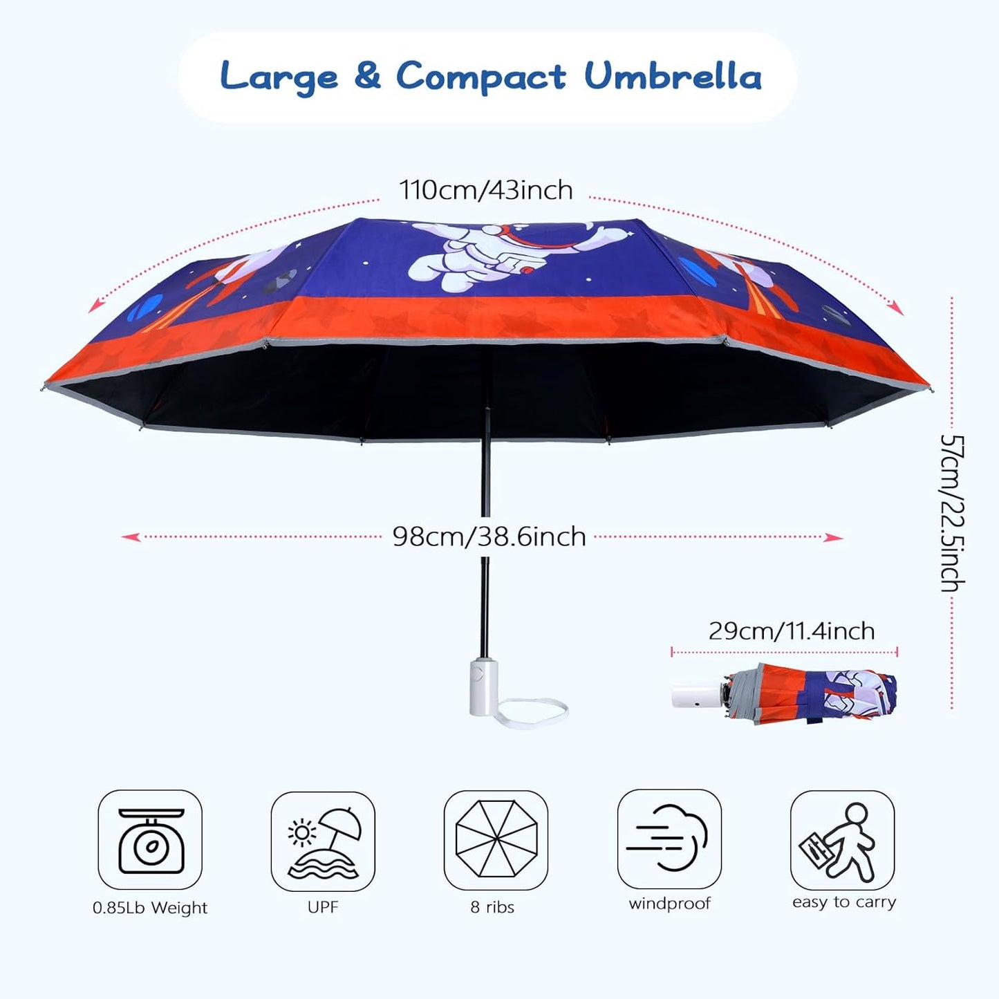 Kids Folding Umbrella Auto Open/Close Anti-rebound Safe Design UV Resistant Automatic Children Travel Umbrellas 8 Rib Reinforced Canopy 360° Reflective Strip Lightweight Cute Umbrella for Girls & Boys