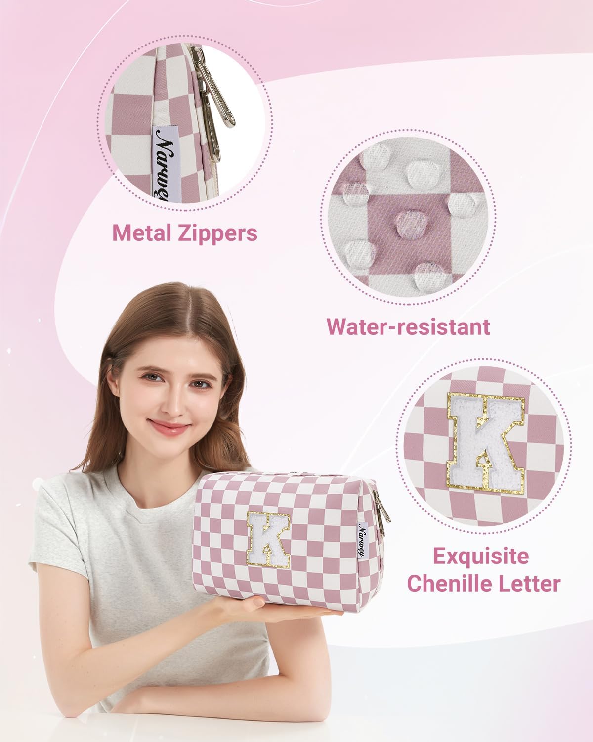 Narwey Birthday Gifts for Teen Girls Kids Women Personalized Initial Checkered Makeup Bag Pink Monogram Cosmetic Bag Trendy Stuff 6 8 10 11 12 13 14 16 18 Years Old Travel Toiletry Bag (Dusty Rose K)