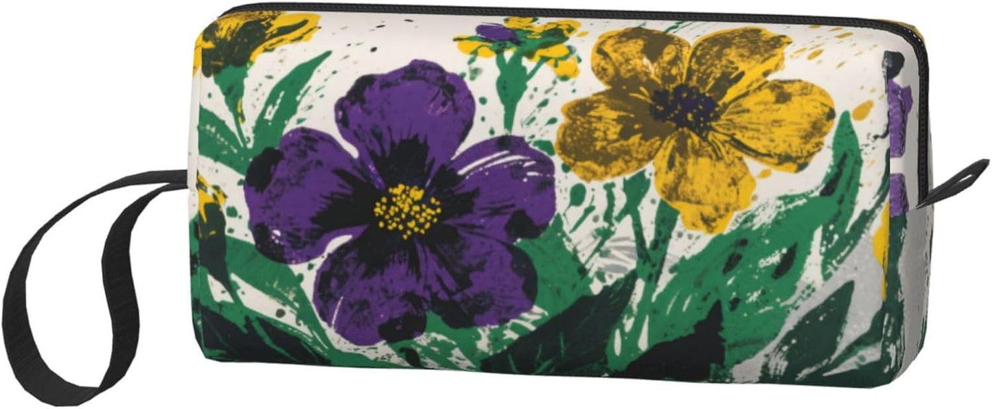 Purple & Yellow Floral Makeup Bag Small Compact & Durable Travel Cosmetic Bag Organizer Oxford Fabric Impact-Resistant Multi-Purpose Storage Perfect for Travel, Gym, Daily Use