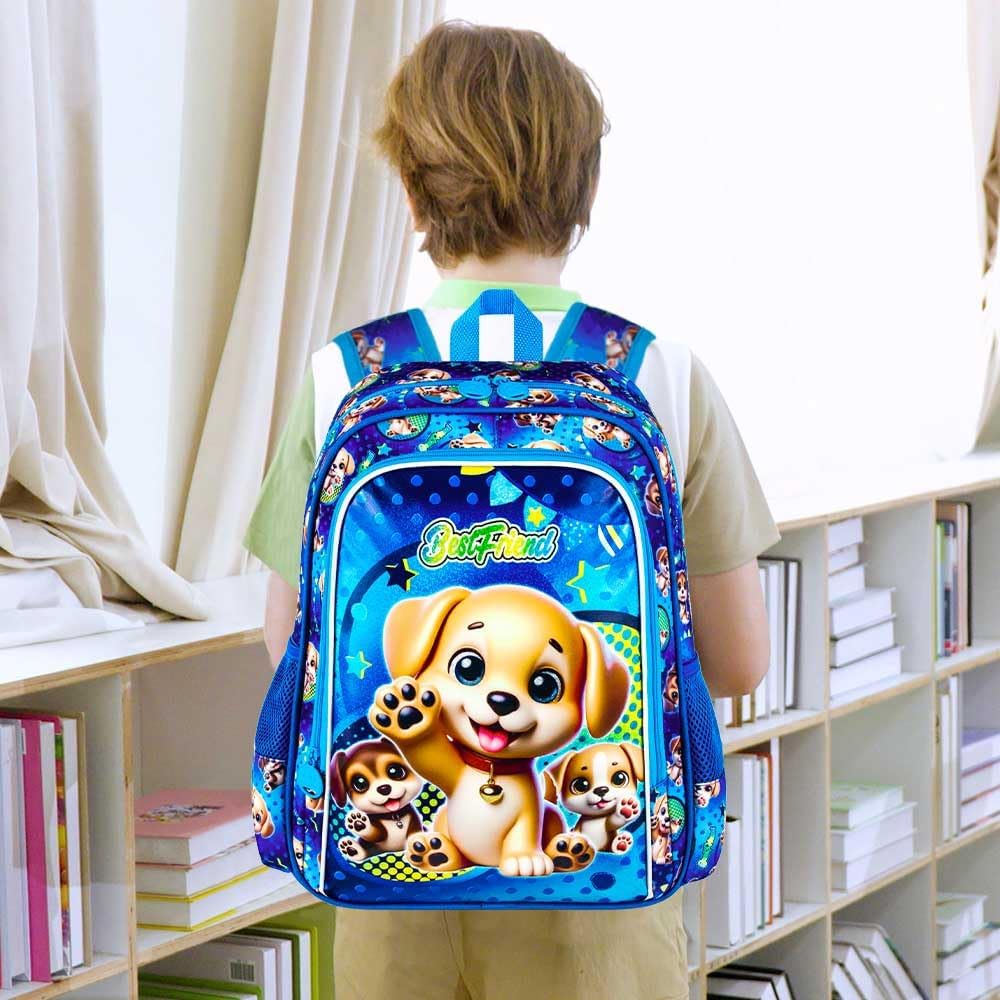 3PCS Backpack for Boys, 16" Kids Dog Backpacks Water Resistant for Elementary Preschool, Boy Bookbag with Lunch Box