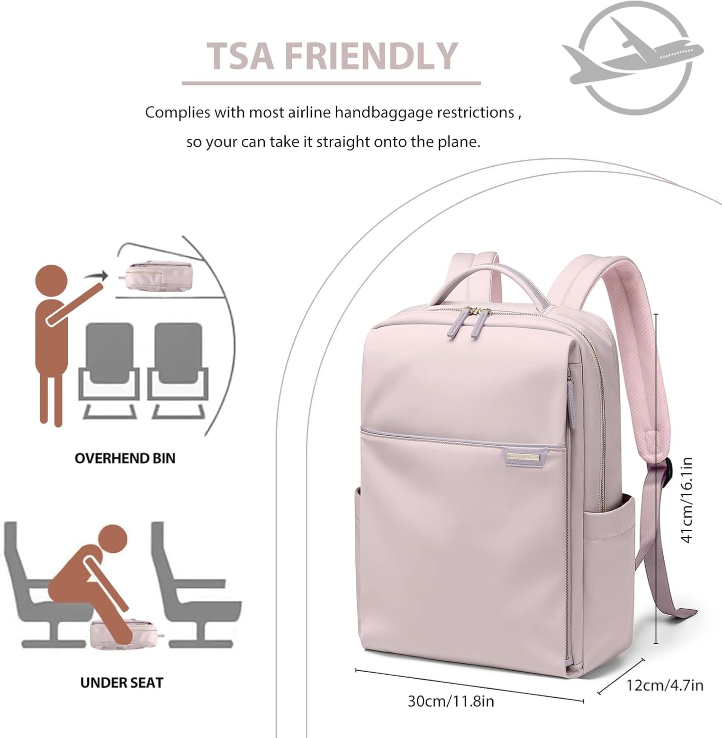 Laptop Backpack for Women, Work Business Traval Computer Backpacks with Laptop Compartment Waterproof Casual Daypack for Travel College,16Inch,Pinkish Grey