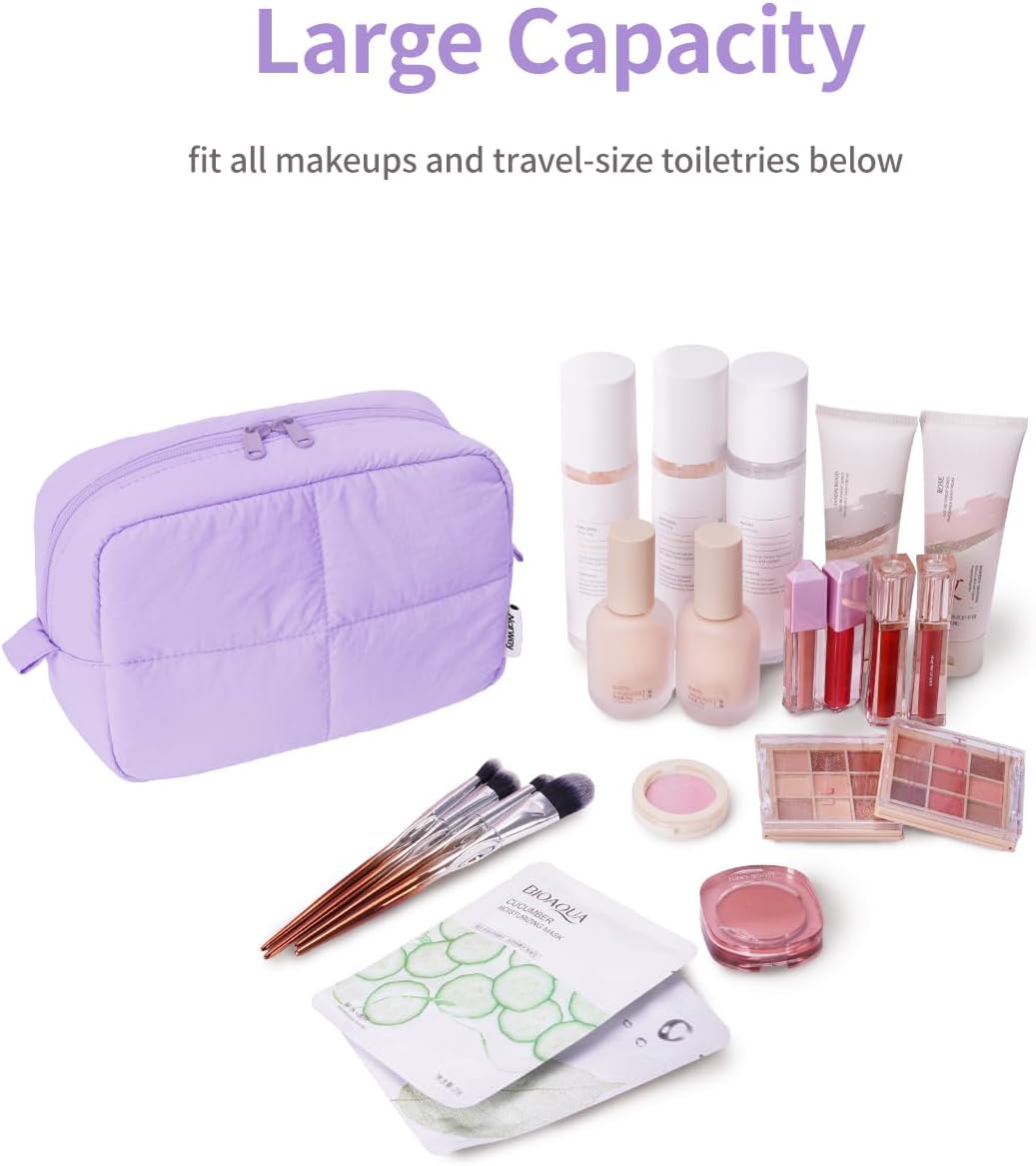 Narwey Puffy Makeup Bag for Travel Women Girl, Quilted Makeup Bag Cosmetic Bag, Cute Puffer Make Up Organizer Bags, Travel Toiletry Bag Toiletries (Purple)