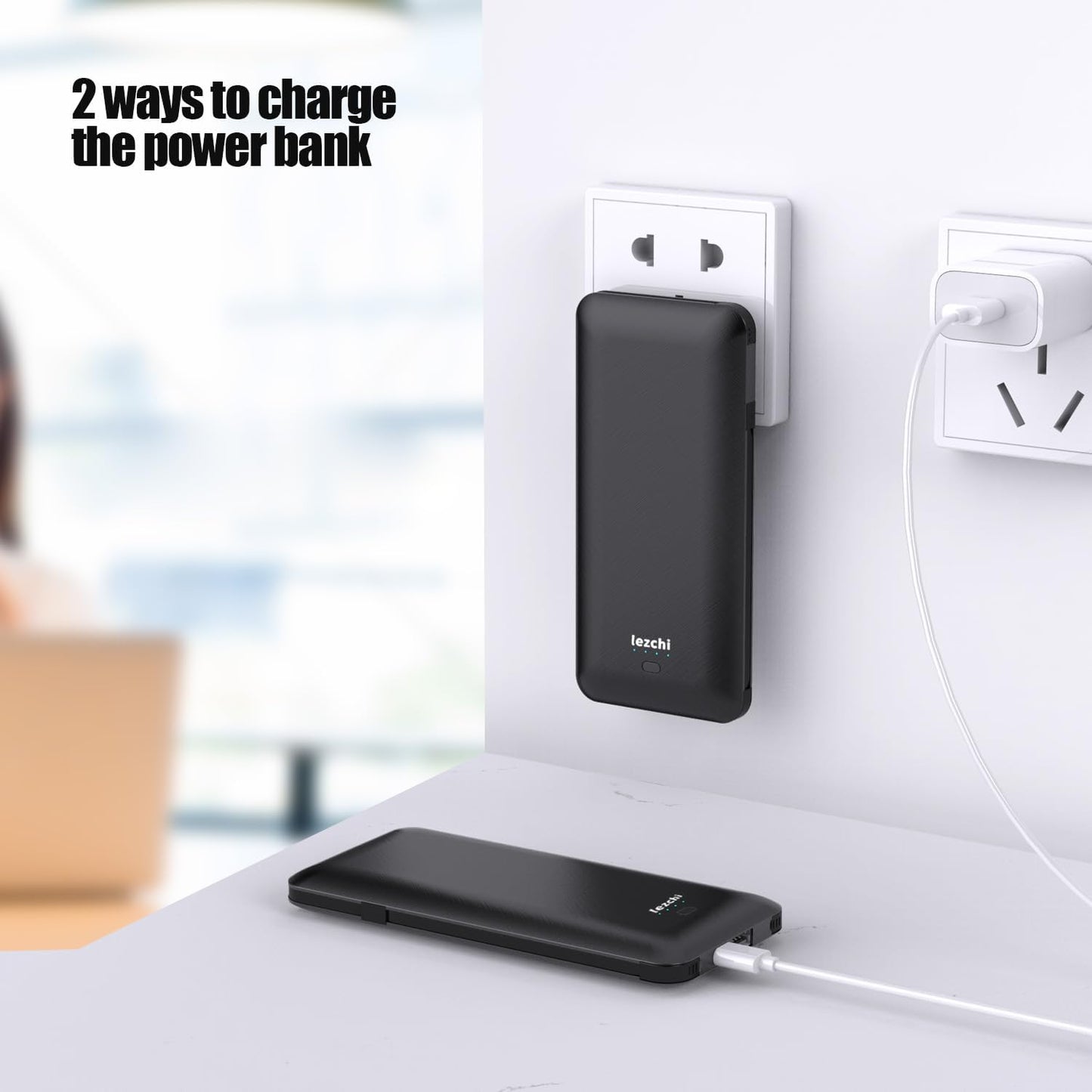 Portable Power Bank, Ultra Slim 10000mAh Portable Charger with Built in Cable, USB C External Battery Pack with Built-in AC Wall Plug Compatible with iPhone Smartphone Tablet…