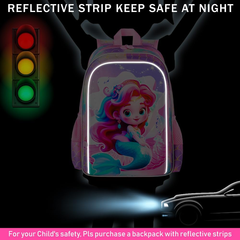 3Pcs Mermaid Backpack for Girls, 16" Kids Bookbag for Elementary Preschool Kindergarten, School Backpacks with Lunch Box(Pink)