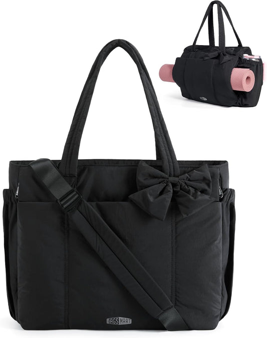 BAGAMSRT Crush Bow Tote Bag for Women, Large Work Tote with 40oz Tumbler, Puffer Travel Tote Bag for Work, Yoga, Gym