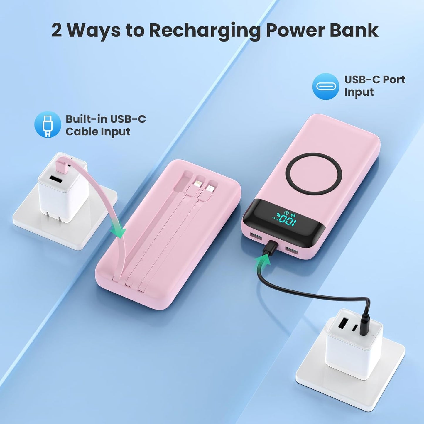 Wireless Portable Charger 40800mAh for iPhone with 3 Built-in Cables,7-in-1 15W Wireless Charging USB C Power Bank,25W PD Fast Charging Travel Essential Battery Pack for iPhone 17/16/15,Android-Pink