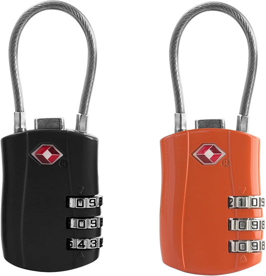 Luggage Locks TSA Approved, Small Padlock Combination, TSA Locks for Luggage, Suitcase, Travel Essentials, Combo Padlock with Cable, for Backpack, Bag, Zipper, Locker, Case, Box (2-Pack)