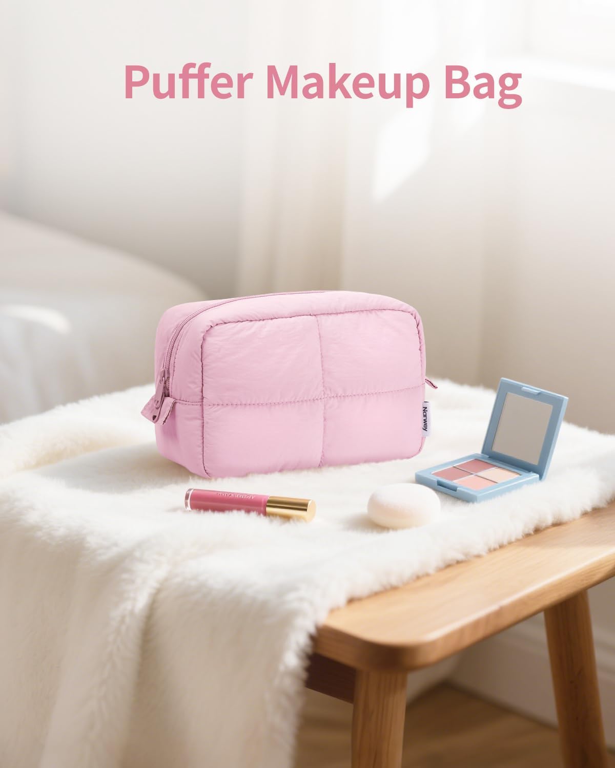 Narwey Puffy Makeup Bag for Travel Women Girl, Quilted Makeup Bag Cosmetic Bag, Cute Puffer Make Up