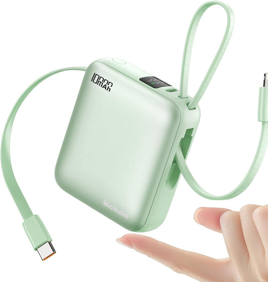 Hichain Portable Charger with Dual Built-in Cables 10000mAh Small Power Bank 22.5W Fast Charging Mini Powerbank LED Display Travel Essential Battery Pack for iPhone 17 16 15 14 13 All Series Green