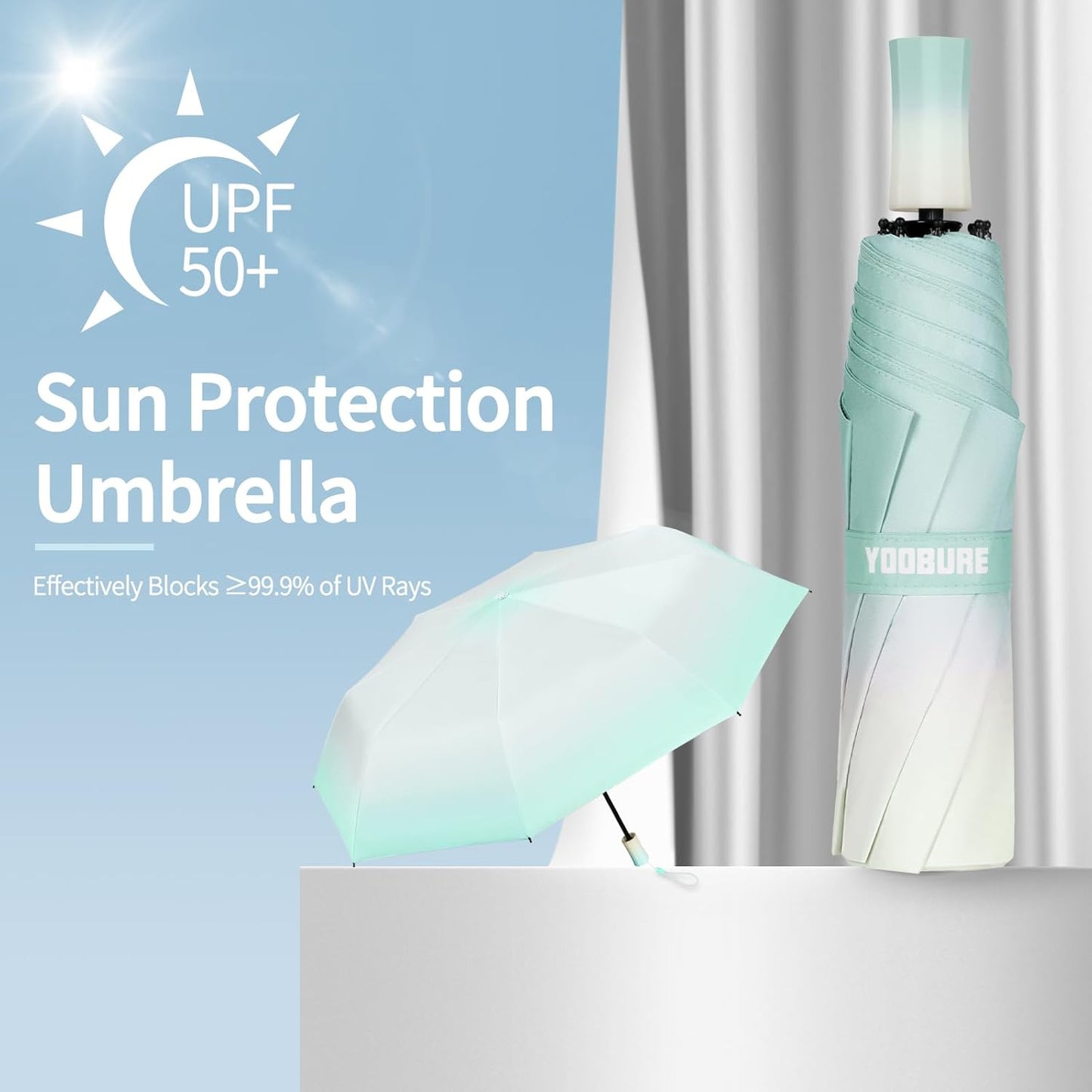 Yoobure Windproof Travel Umbrella with Wood Handle - Automatic Umbrellas for Rain & UV Sun Protection, Compact 46" Large Canopy, Lightweight Backpack Portable for Walking & Outdoor