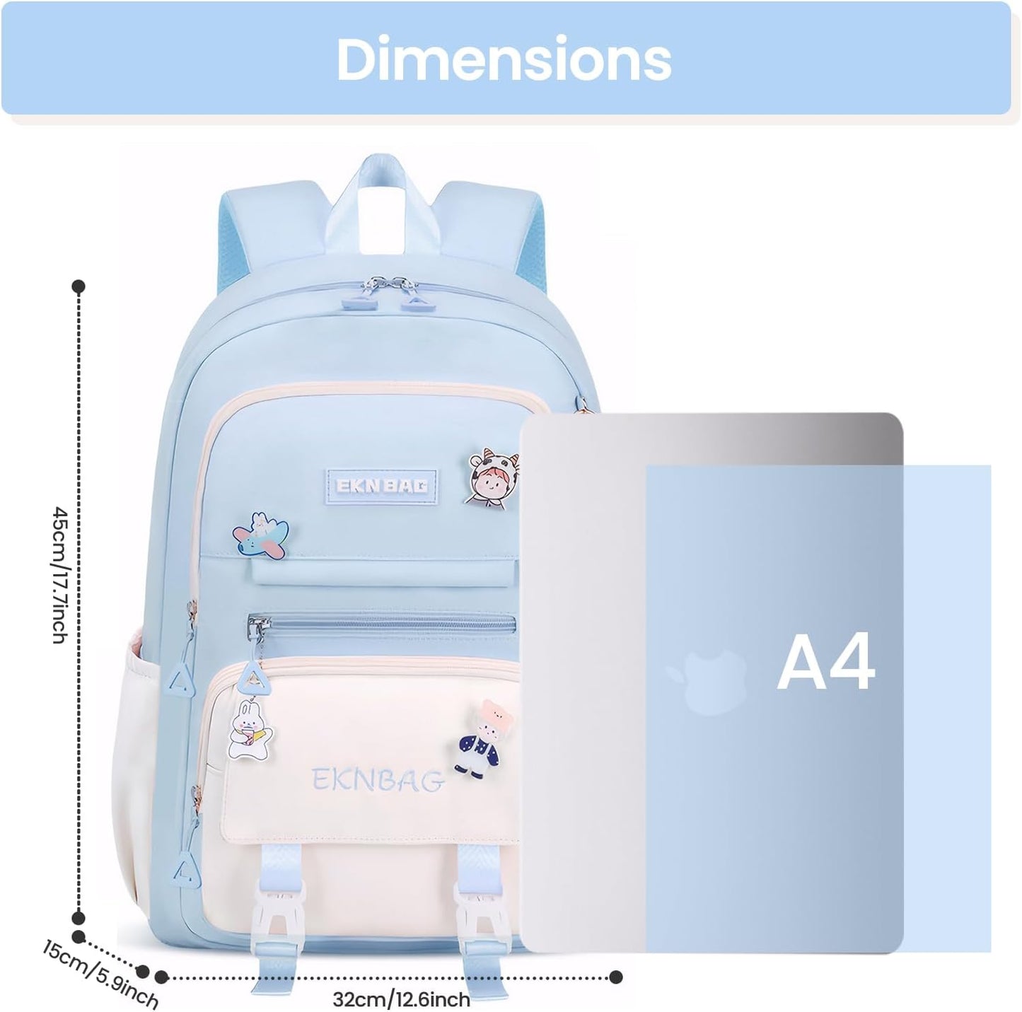 Tanou School Backpacks for Girls, Kawaii Kids School Bag with Pendant, Elementary Primary Middle School Lightweight 20L, Blue