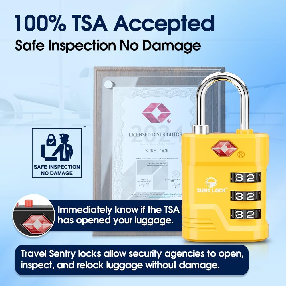 SURE LOCK TSA Locks for Luggage, TSA Approved Luggage Locks with Open Alert, 008 Key for High Security, Easy Read Dials, Zinc Alloy Body, Locker Lock for Suitcase, Gym, Travel(Yellow 2 pk)