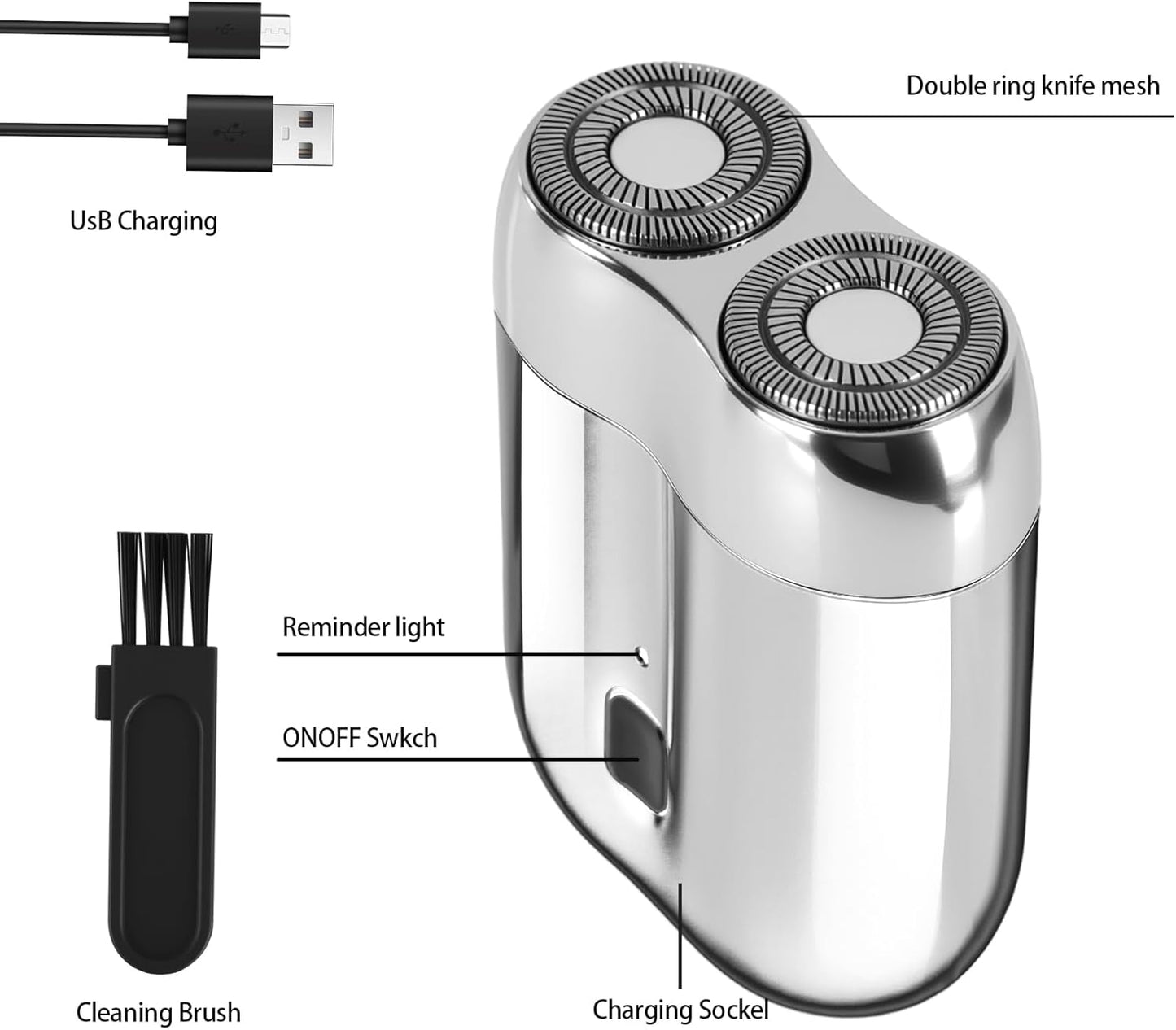 Mini Electric Shaver for Men, Upgrade Pocket Dual Head Shaver, Portable Razor for Men, Rechargeable Waterproof Compact Travel Electric Razor, USB Close Battery shavers (Silver)