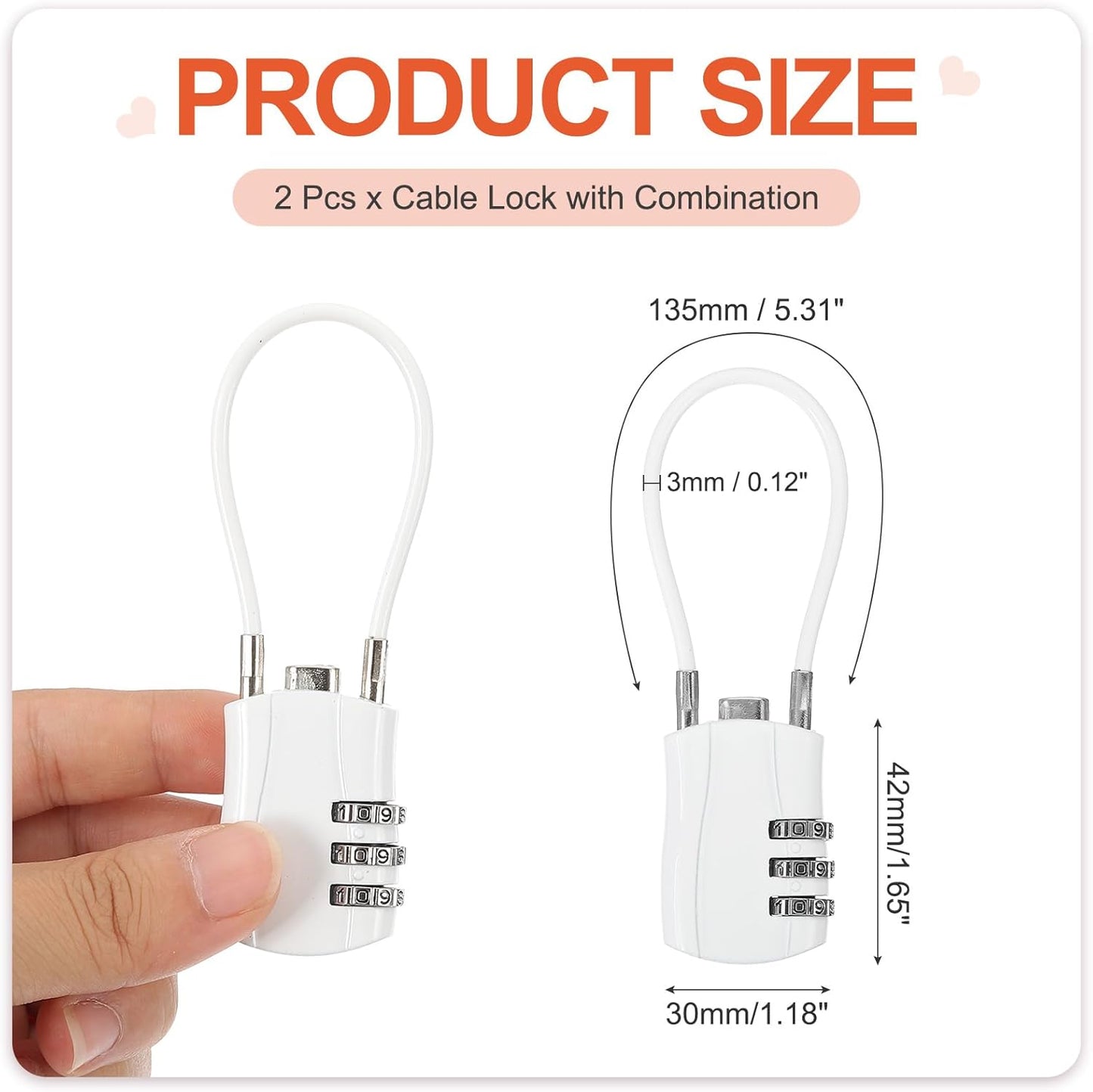 MECCANIXITY 2 Pcs Luggage Travel Lock, 3 Digit Cable Combination Lock 1-3/16" Width Body with 5" Long Cable for Suitcase Bag Cabinets Small Fences Gym, White