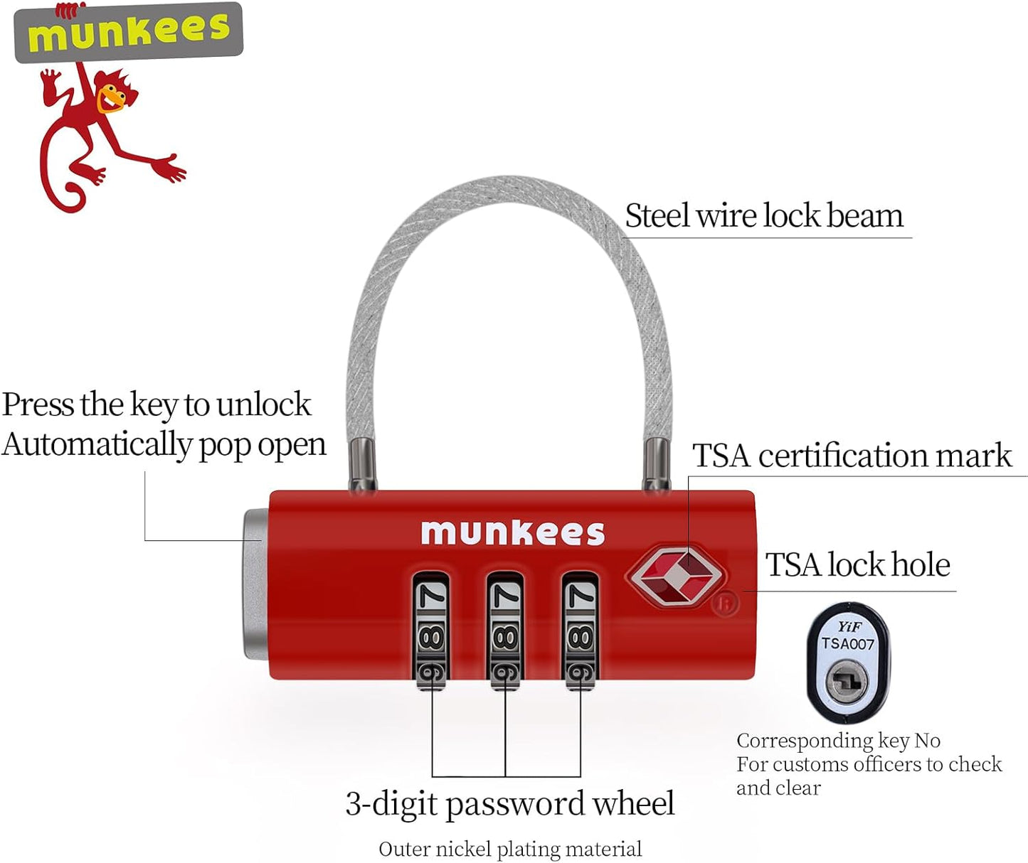 munkees TSA Approved Luggage Lock, 3-Digit Combination, Metal Construction (Red)