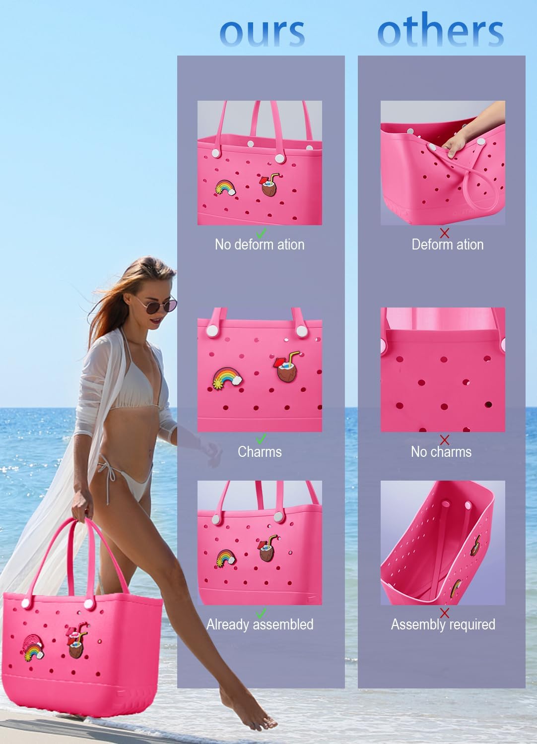 Beach Bag Rubber Tote Bag - Waterproof Travel Bag for Women Washable Tote Bag Handbag for Sports Beach Market Pool