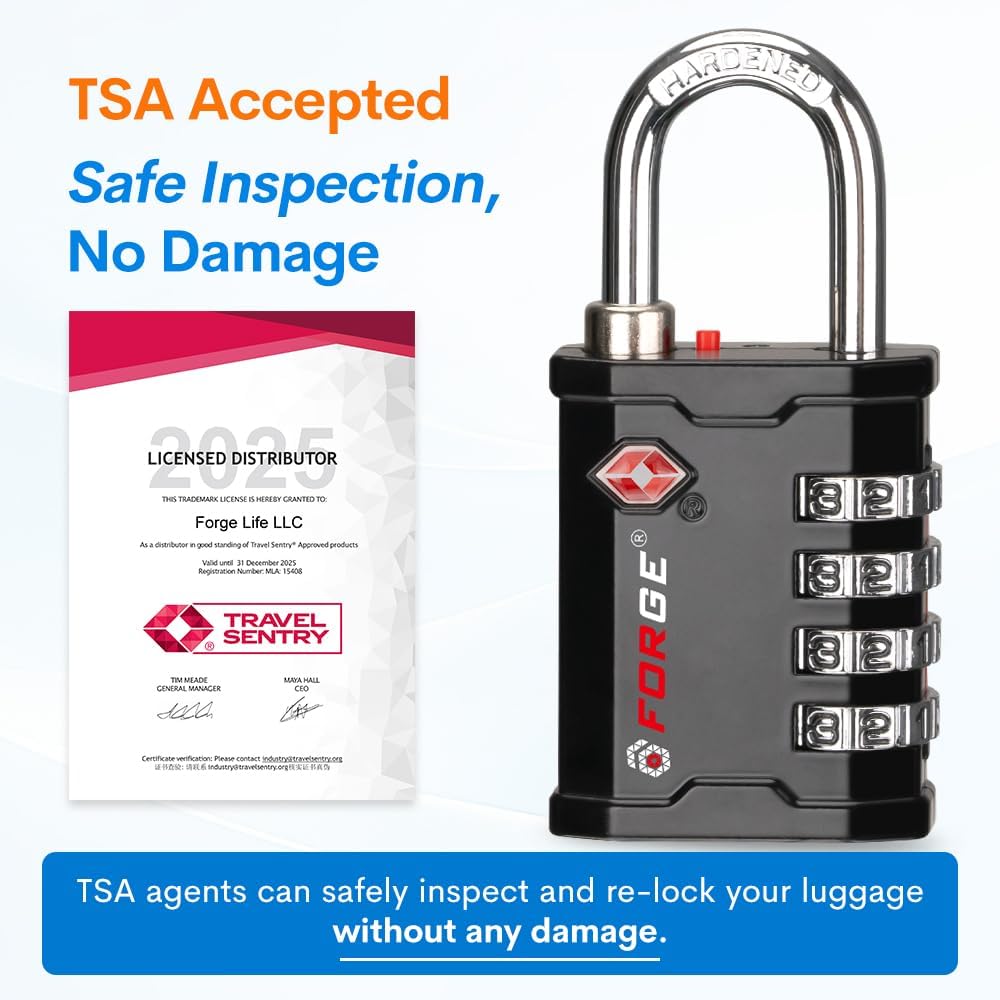 FORGE 4-Digit TSA Approved Travel Locks – TSA008 Key System, Key Duplication Impossible, Heavy-Duty Combination Padlock for Travel, Gym, Pelican Case. Black 3 Locks.