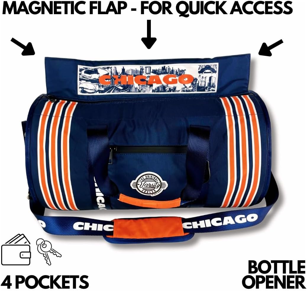 Varsity Cooler Chicago Travel Party Duffel & Cooler – 30 Can Leakproof Insulated Tote Bag, Waterproof Soft compartment for Tailgating, Golf, Beach, Carry-On Luggage & Outdoor Sports