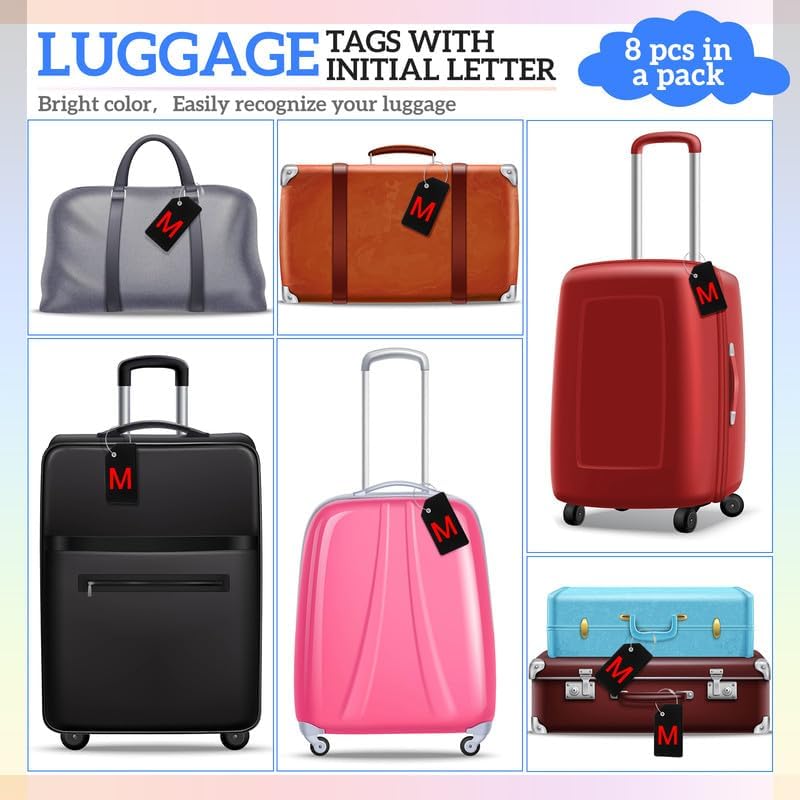 8 Pcs Initial Letter A-Z Luggage Tags Silicone Suitcase Instrument Tag with Name Card and Stainless Steel Loop(Letter M,Red, Black)