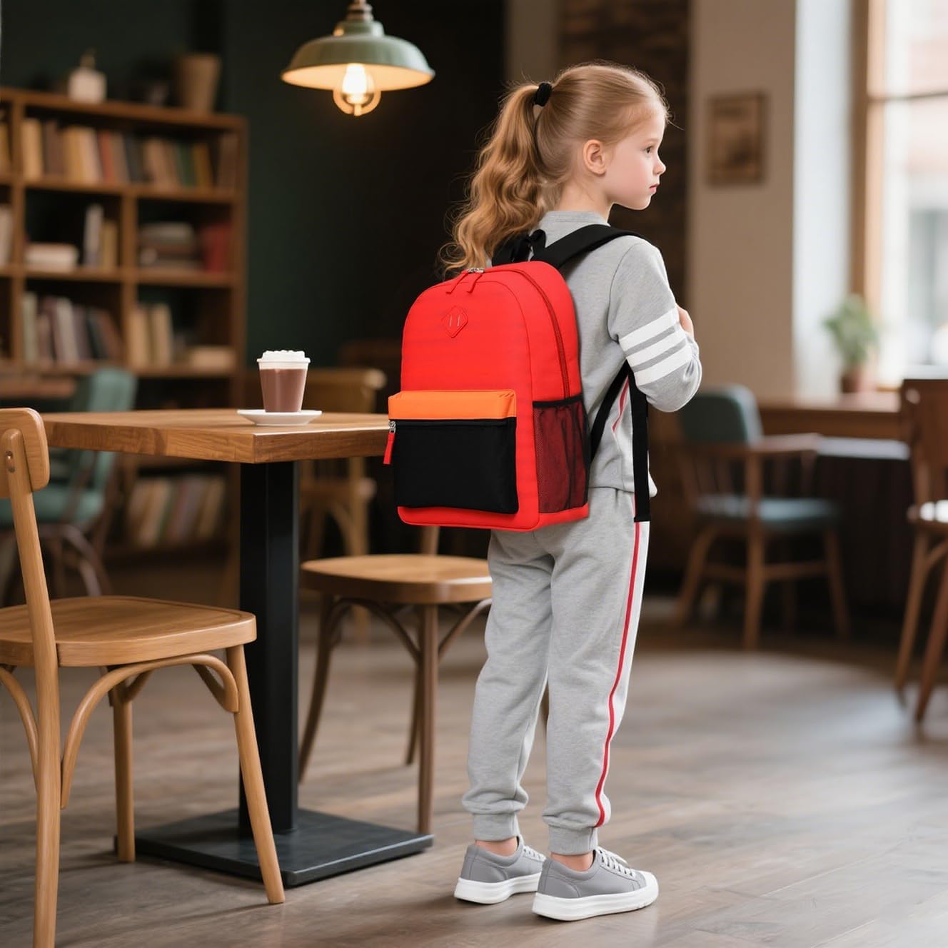 Kids Backpack Lunch Box Set Elementary School Backpacks 5-9 Years for Boys and Girls with Chest Buckle (Set Red Black, Large-17 H)