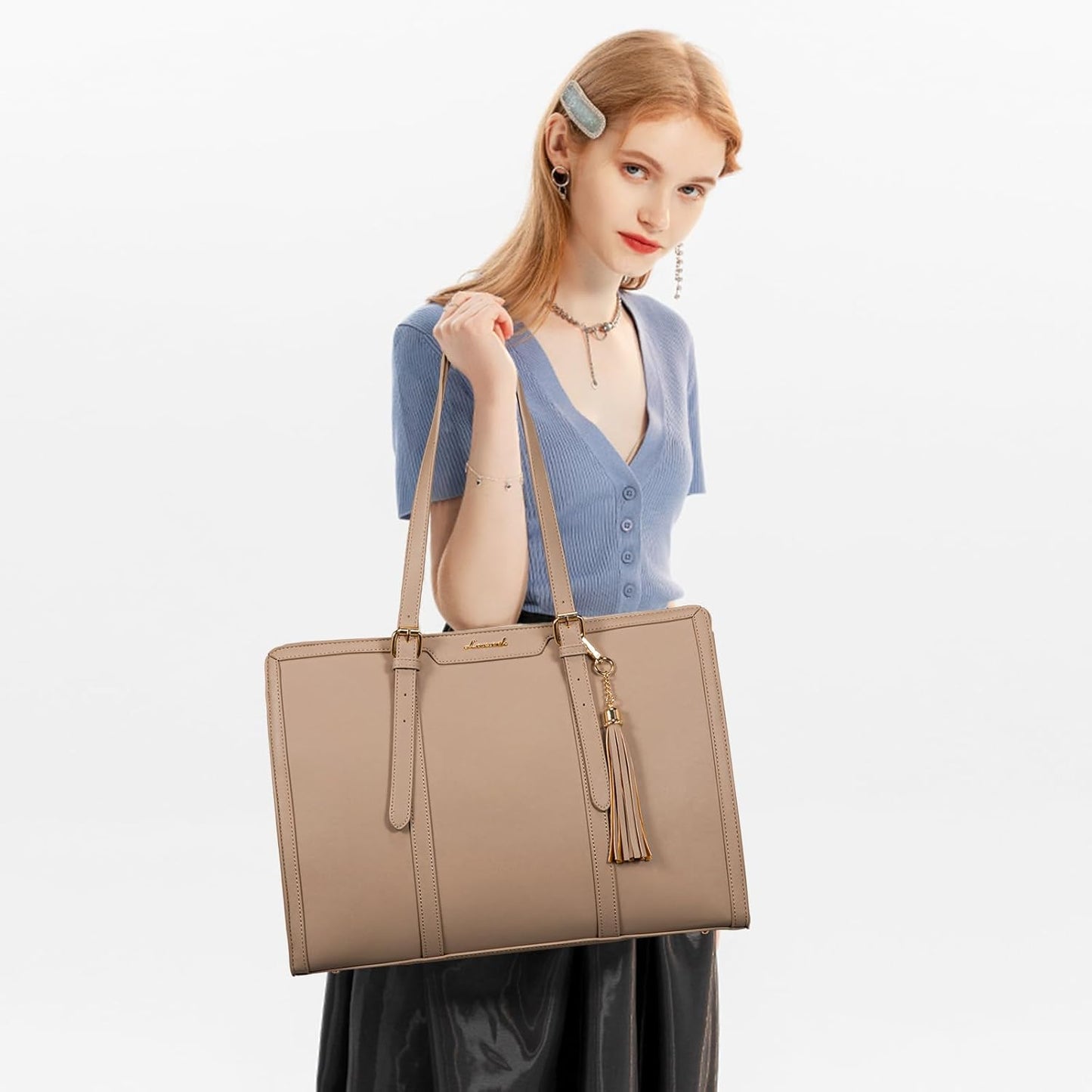 LOVEVOOK Laptop Bag for Women 15.6 inch Lightweight PU Laptop Tote Bag, Large Capacity Computer bag with Clutch Purse for Business, Work, Office, Travel,School，Casual（Light Brown，15.6 Inch）