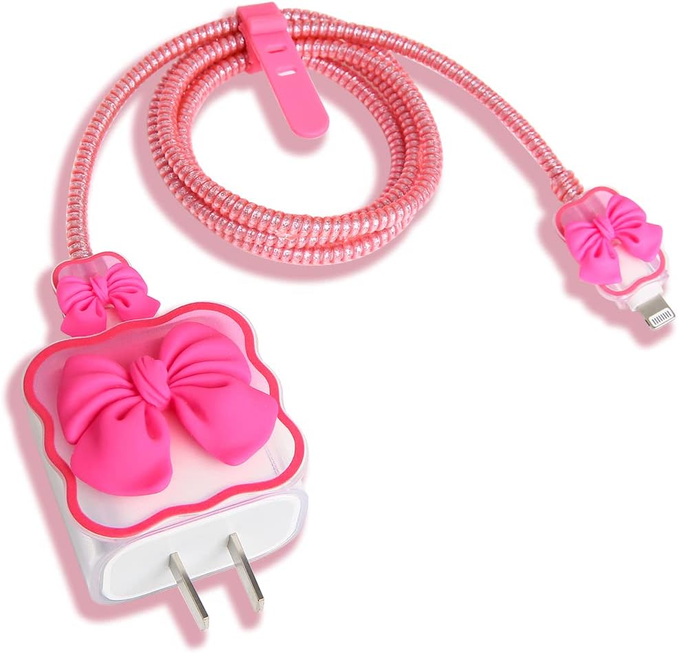 Compatible with iPhone 18W/20W USB-C Charger Cover Cute 3D Bow Tie Design Clear Soft Charger Protector Kawaii Cable Saver for iPhone 11 12 13 14 Pro Max Fast Power Adapter, Rose 2 (5in1)