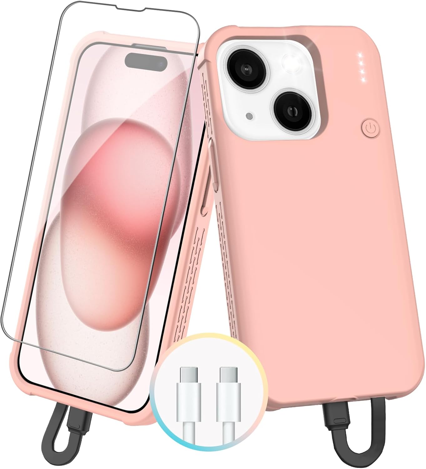 GIN FOXI Fast Charging Battery Case for iPhone 15/15 Pro, 7000mAh 15W Ultra Slim Charger Case Rechargeable Portable Extended Power Bank Case Cover Battery Pack Built-in Cable, Pink (6.1”)
