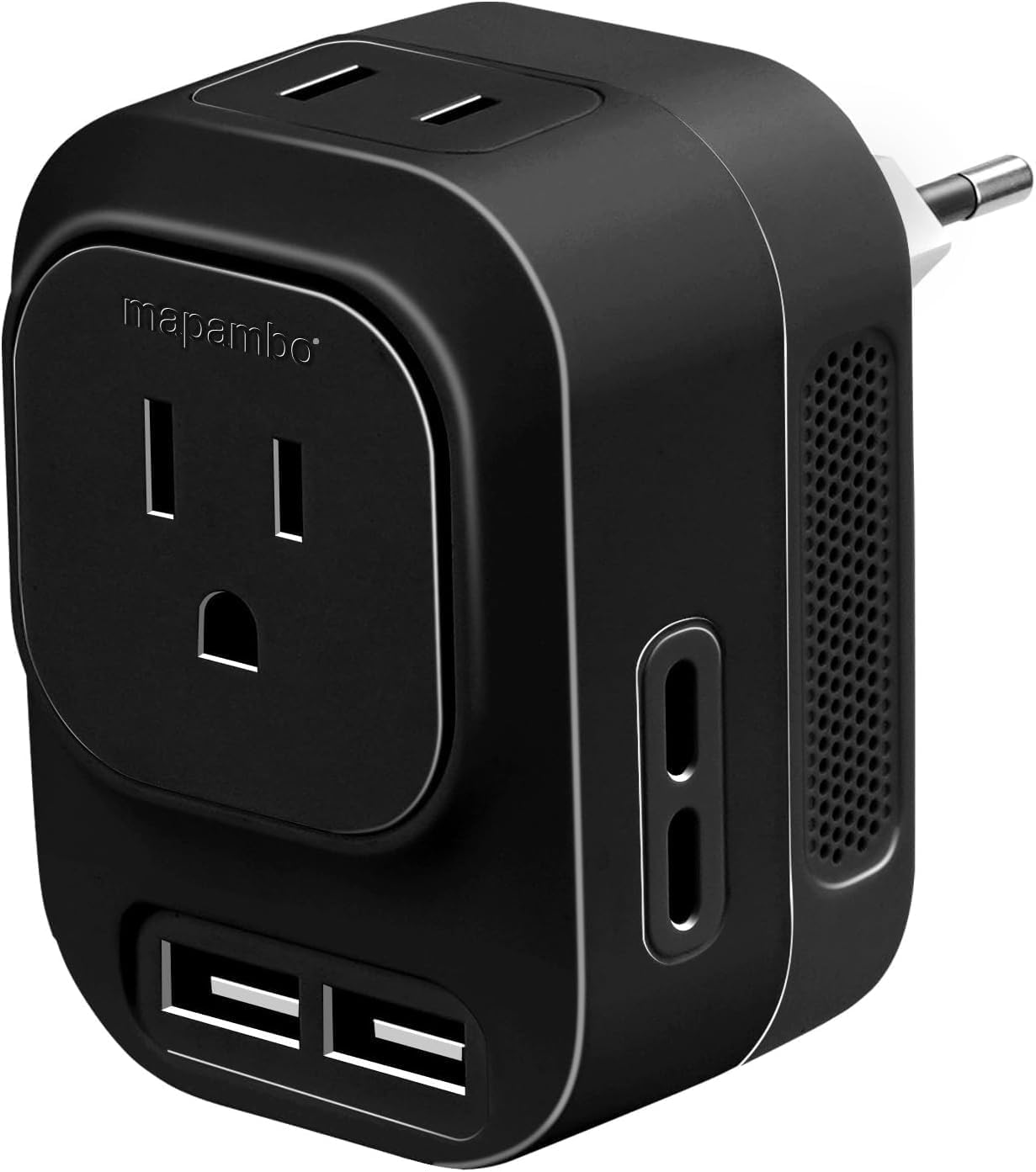 Mapambo 220V to 110V Voltage Converter US to Europe with 2 USB Port 2 USB C International Power Adapter Converter for European Travel Plug Adapter for US to France Germany Italy Spain (Jet Black)