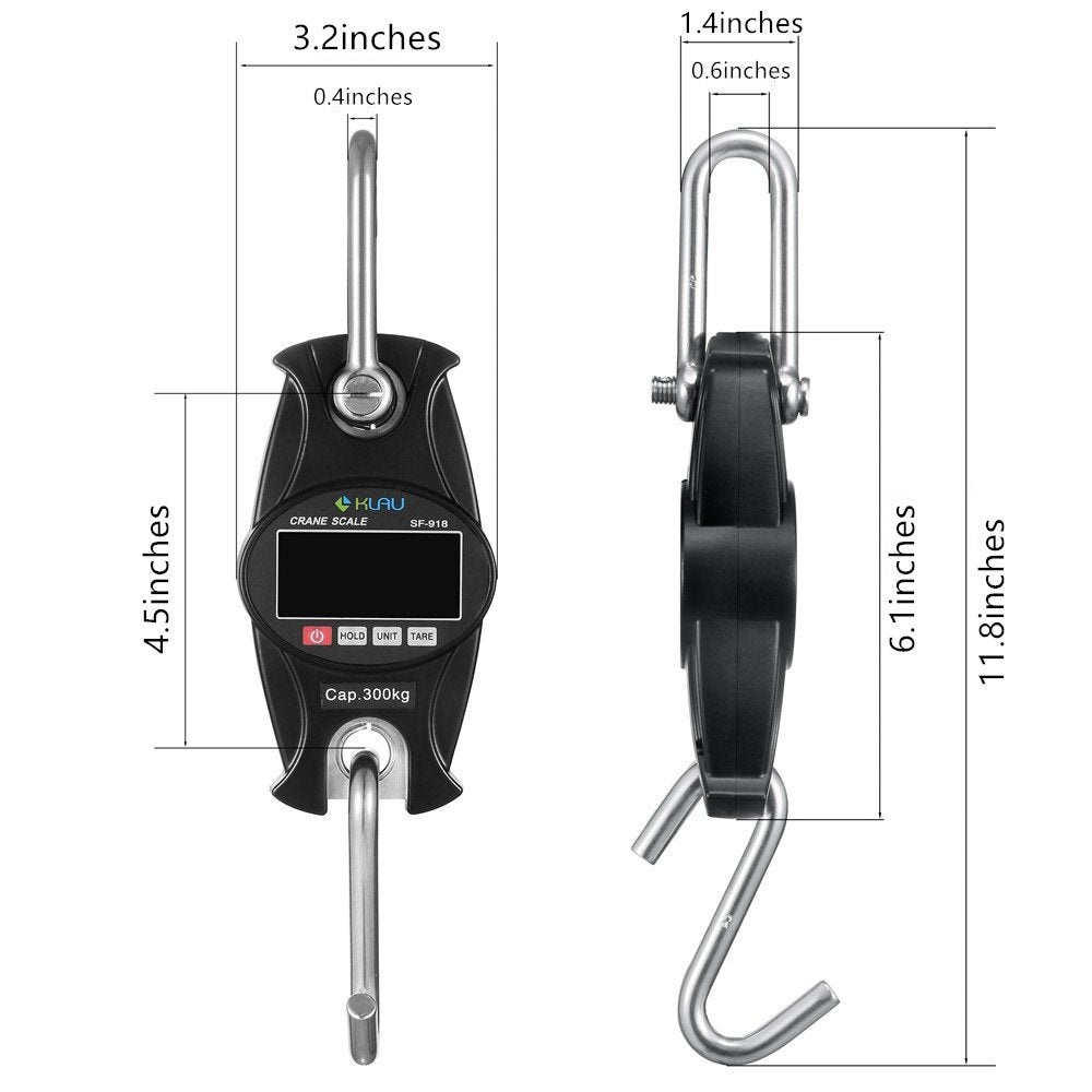 Klau Digital Hanging Scales High Precision Sensor 300 Kg / 600 lb SF-918 Heavy Duty Crane Scale Black for Home Factory Hunting
